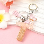 Resin & Acrylic & Faux Suede Tassel Keychain, with Alloy Clasp and Iron Rings, Letter T, 9.5cm(KEYC-YW00123-20)