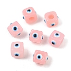 Resin Evil Eye European Beads, Large Hole Bead, Cube, Pearl Pink, 12.5x14~14.5x14~14.5mm, Hole: 6mm(RESI-A021-20)