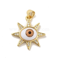 Brass Micro Pave Cubic Zirconia Pendants, with Acrylic, Cadmium Free & Lead Free, Long-Lasting Plated, Real 18K Gold Plated, Sun with Evil Eye, Saddle Brown, 21x21.5x5mm, Hole: 4x3.5mm(KK-B059-46G-D)