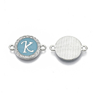 Alloy Enamel Links Connectors, with Crystal Rhinestones, Flat Round with Letter, Silver Color Plated, Letter.K, 22x16x2mm, Hole: 1.8mm(ENAM-TAC0003-01S-06K)