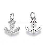 Brass Micro Pave Cubic Zirconia Charms, with Jump Ring, Nickel Free, Anchor, Clear, Real Platinum Plated, 11x10x1.5mm, Hole: 3mm(ZIRC-R109-018P-NF)