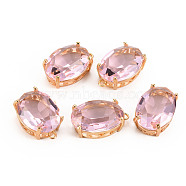 Transparent Glass Pendants, with Brass Prong Settings, Faceted, Oval, Light Gold, Pink, 20x13x8.5mm, Hole: 1.5mm(GLAA-S193-009E)