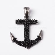 316 Surgical Stainless Steel Rhinestone Pendants, Anchor, Jet, 34.5x30x4mm, Hole: 10x5mm(STAS-L184-043)