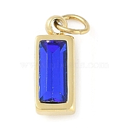 Glass Pendants, with Ion Plating(IP) 304 Stainless Steel Findings, Manual Polishing, with Jump Ring, Rectangle Charms, Real 18K Gold Plated, Blue, 11x4x3.5mm, Hole: 2.5mm(STAS-P366-40G-06)