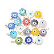 Handmade Evil Eye Lampwork Pendants, with Rack Plating Light Gold Tone Brass Findings, Long-Lasting Plated, Lead Free & Cadmium Free, Flat Round, Mixed Color, 24~25.5x20.5~21x4~4.5mm, Hole: 6x4~4.5mm(LAMP-F031-02G)