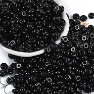 Transparent Colours Glass Seed Beads, Donut, Black, 6.5x3mm, Hole: 1.8mm, about 1363pcs/pound(SEED-P008-01A-02)