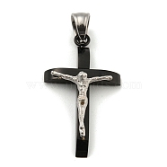 Ion Plating(IP) 304 Stainless Steel Pendants, Cross with Jesus, Gunmetal & Stainless Steel Color, 33x18.5x7mm, Hole: 6x5.5mm(STAS-M329-05B)