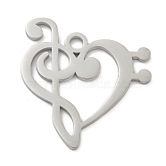 304 Stainless Steel Pendants, Laser Cut, Heart with Music Note Charm, Stainless Steel Color, 30.5x28x1mm, Hole: 2.5mm(STAS-K253-06P)