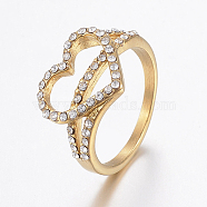 Ion Plating(IP) 304 Stainless Steel Rhinestone Finger Rings, Heart, Golden, Size 6~9, 16~19mm(RJEW-H125-49G)