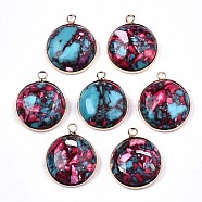 Flat Round Assembled Synthetic Turquoise and Natural Regalite/Imperial Jasper Pendants, with Iron Loop and Brass Edge, Light Gold, Dyed, Cerise, 25~26x21~22x7~8mm, Hole: 2mm(G-N330-21A-02)