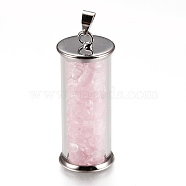 Alloy & Glass Wish Bottle Pendants, with Natural Rose Quartz Chips, Platinum, Column, 35x13.5mm, Hole: 4x3.5mm(G-Z017-08)