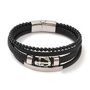 Braided Microfiber Leather Multi-strand Bracelets, 304 Stainless Steel & Black Glass Bracelets for Men, Anchor & Helm, 8-5/8x1-1/8 inch(22x2.7cm)(BJEW-B096-06B)