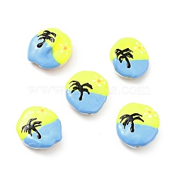 Natural Culture Freshwater Pearl Beads, with Enamel, Flat Round with Coconut Tree Pattem, Light Sky Blue, 18~19x15~17x4~6mm, Hole: 1mm(PEAR-E015-01A)