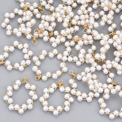 ABS Plastic Imitation Pearl Pendants, with Light Gold Plated Brass Wire Wire, Ring, Creamy White, 28~33x24~27x4mm, Hole: 2~3mm(X-KK-N235-014)