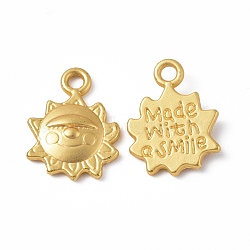 Rack Plating Alloy Pendants, Cadmium Free & Lead Free & Nickle Free, Sun with Word Made with a Smile Charms, Matte Gold Color, 15.5x12x2.5mm, Hole: 1.8mm(PALLOY-I215-03G)