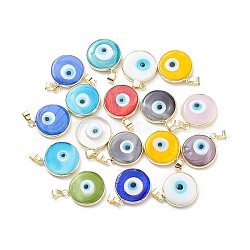 Handmade Evil Eye Lampwork Pendants, with Rack Plating Light Gold Tone Brass Findings, Long-Lasting Plated, Lead Free & Cadmium Free, Flat Round, Mixed Color, 24~25.5x20.5~21x4~4.5mm, Hole: 6x4~4.5mm(LAMP-F031-02G)