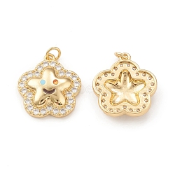 Eco-Friendly Brass Micro Pave Cubic Zirconia Pendants, with Jump Ring, Lead Free & Cadmium Free, Long-Lasting Plated, 5-Petal Flower with Smiling Face Charm, Real 18K Gold Plated, 22x20x4mm, Hole: 3.5mm(KK-I698-09G)