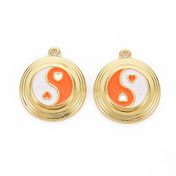 Rack Plating Light Gold Alloy Enamel Pendants, Cadmium Free & Lead Free, Flat Round with Yin Yang, Tomato, 20x18x3.5mm, Hole: 1.6mm(ENAM-Q444-012B-RS)