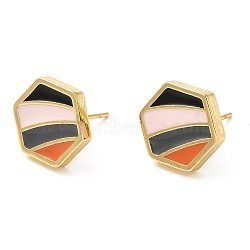Rack Plating Brass Hexagon Stud Earrings with Enamel, Lead Free & Cadmium Free, Real 18K Gold Plated, 13.5x12mm(EJEW-D061-08G)