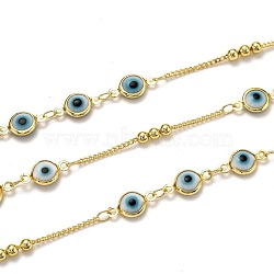 Brass Curb Chains, with Glass, Spool, Long-Lasting Plated, Soldered, Evil Eye, Golden, Links: 1.6x1.3x0.4mm, Beads: 3mm, Evil Eye: 12.5x6.7x2.9mm(CHC-L039-12G)