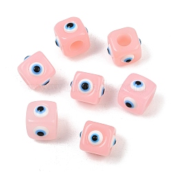 Resin Evil Eye European Beads, Large Hole Bead, Cube, Pearl Pink, 12.5x14~14.5x14~14.5mm, Hole: 6mm(RESI-A021-20)