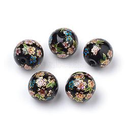Printed Glass Beads, Round with Flower Pattern, Black, 10x9mm, Hole: 1.5mm(GFB-Q001-10mm-A03)