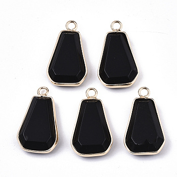 Glass Pendants, with Light Gold Tone Brass Findings, Trapezoid, Black, 25x14x6mm, Hole: 2mm