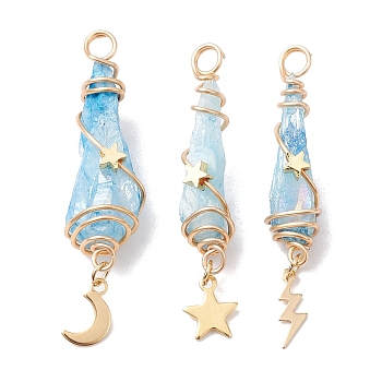 3Pcs 3 Styles Electroplated Natural Quartz Crystal Copper Wire Wrapped Pendants, TearDrop Charms with Golden Tone Alloy Moon & Star & Sun & Lightning Bolt, Light Sky Blue, 44.5~48.5x8~10.5x6.5~13mm, Hole: 4mm, about 1pc/style