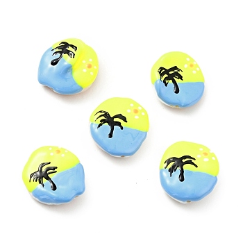 Natural Culture Freshwater Pearl Beads, with Enamel, Flat Round with Coconut Tree Pattem, Light Sky Blue, 18~19x15~17x4~6mm, Hole: 1mm