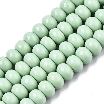 Opaque Solid Color Glass Beads Strands, Rondelle, Pale Green, 10.5x7mm, Hole: 1.2mm, about 56~58pcs/Strand, 15-1/2 inch~16-1/8 inch(39.5~41cm)