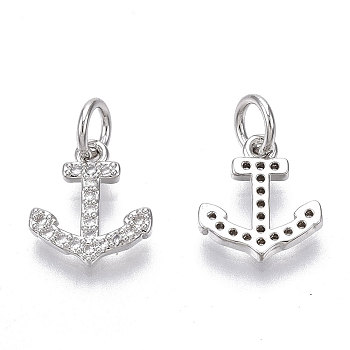 Brass Micro Pave Cubic Zirconia Charms, with Jump Ring, Nickel Free, Anchor, Clear, Real Platinum Plated, 11x10x1.5mm, Hole: 3mm