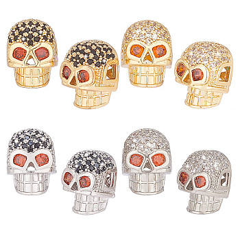 Elite 8Pcs 4 Colors Brass Micro Pave Cubic Zirconia Beads, Halloween Skull, Mixed Color, 12x9.5x12.5mm, Hole: 3mm, 2pcs/color