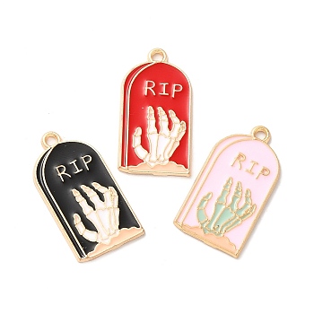 Light Gold Plated Alloy Enamel Pendants, Cadmium Free & Nickel Free & Lead Free, Tombstone with Skeleton Hand Charm, Mixed Color, 27x14x1.3mm, Hole: 1.8mm