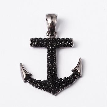 316 Surgical Stainless Steel Rhinestone Pendants, Anchor, Jet, 34.5x30x4mm, Hole: 10x5mm