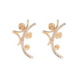 Brass Micro Pave Clear Cubic Zirconia Stud Earring Findings, for Half Drilled Beads, Nickel Free, Curved Bar, Real 18K Gold Plated, 23.5x13.5mm, Pin: 0.6mm, pin: 0.6mm(for half drilled beads)