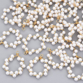 ABS Plastic Imitation Pearl Pendants, with Light Gold Plated Brass Wire Wire, Ring, Creamy White, 28~33x24~27x4mm, Hole: 2~3mm