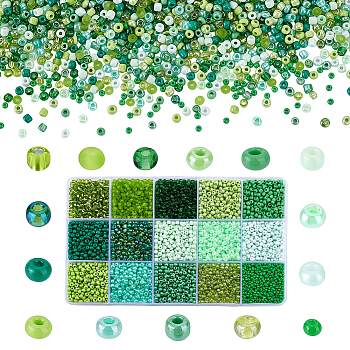 4500Pcs 15 Colors Glass Seed Beads, Transparent, Round, Green, 3~4x2~3mm, Hole: 1~1.2mm, 13g/color