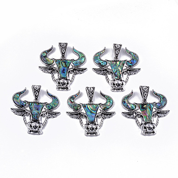 Abalone Shell/Paua Shell Pendants, with Resin Bottom and Alloy Findings, Ox-Head, Antique Silver, 59x57x9.5mm, Hole: 6.5x15mm