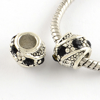 Barrel Antique Silver Plated Metal Alloy Rhinestone European Beads, Large Hole Beads, Jet, 10~11x9mm, Hole: 5mm