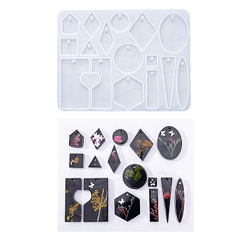 DIY Geometrical Pendants Silicone Molds, Resin Casting Molds, For UV Resin, Epoxy Resin Jewelry Making, Rhombus/Round/Rectangle, White, 130x100x7.5mm, Hole: 2.5mm, Inner Diameter: 10~48x10~28mm