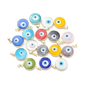 Handmade Evil Eye Lampwork Pendants, with Rack Plating Light Gold Tone Brass Findings, Long-Lasting Plated, Lead Free & Cadmium Free, Flat Round, Mixed Color, 24~25.5x20.5~21x4~4.5mm, Hole: 6x4~4.5mm