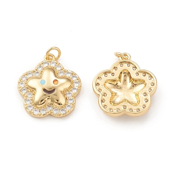 Eco-Friendly Brass Micro Pave Cubic Zirconia Pendants, with Jump Ring, Lead Free & Cadmium Free, Long-Lasting Plated, 5-Petal Flower with Smiling Face Charm, Real 18K Gold Plated, 22x20x4mm, Hole: 3.5mm