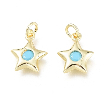Brass Charms, with Synthetic Turquoise inside and Jump Ring, Long-Lasting Plated, Star, Real 18K Gold Plated, 11.5x9x2.5mm, Jump Ring: 4x0.7mm, Inner Diameter: 2.6mm