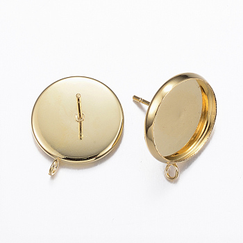 304 Stainless Steel Stud Earring Settings, with Loop, Flat Round, Golden, Tray: 14mm, 18.5x16x2mm, Hole: 2mm, Pin: 0.8mm