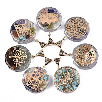 Transparent Epoxy Resin Alchemy Pendants, with Natural Gemstone Chip, Gold Foil, Flat Round, Mixed Color, 39.5x35.5x10.5~11.5mm, Hole: 5x9mm