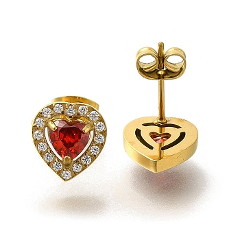 Ion Plating(IP) 304 Stainless Steel Stud Earrings, with Cubic Zirconia, Golden, Heart, 10.5x9.5mm