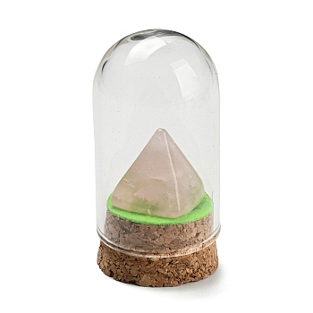 Natural Rose Quartz Pyramid Display Decoration with Glass Dome Cloche Cover, Cork Base Bell Jar Ornaments for Home Decoration, 30x58.5~60mm