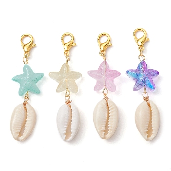 Shell Pendent Decorations, Glass Starfish and Zinc Alloy Lobster Claw Clasps Charms, Mixed Color, 53mm