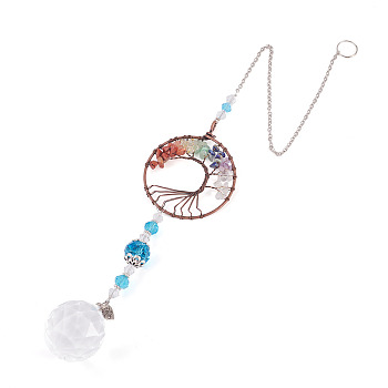 1Pc Wire Wrapped Alloy & Natural Mixed Stone Chips Tree of Life Hanging Suncatchers, Glass Charms for Outdoor Garden Decor, Flat Round, 450x60x20mm