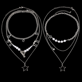 2 Sets 2 Styles Zinc Alloy Star Pendant Layered Necklaces for Women, Platinum, 14.96~21.26 inch(38~54cm), 1 set/style